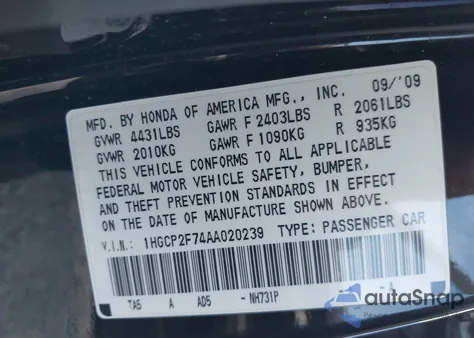 2010 Honda Accord 2.4 Ex z USA, uszkodzony, nr VIN 1HGCP2F74AA020239